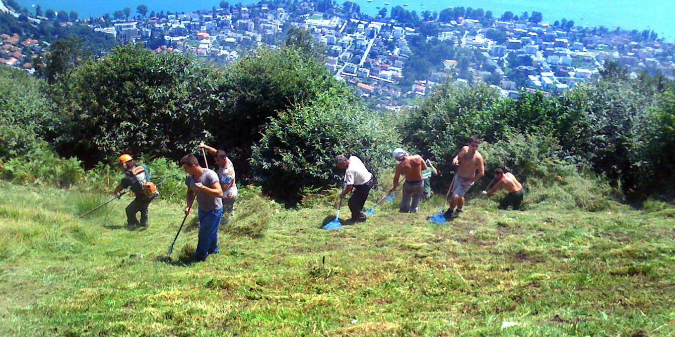 Grass cutting and deforestation at high altitude. Freight transport by helicopter