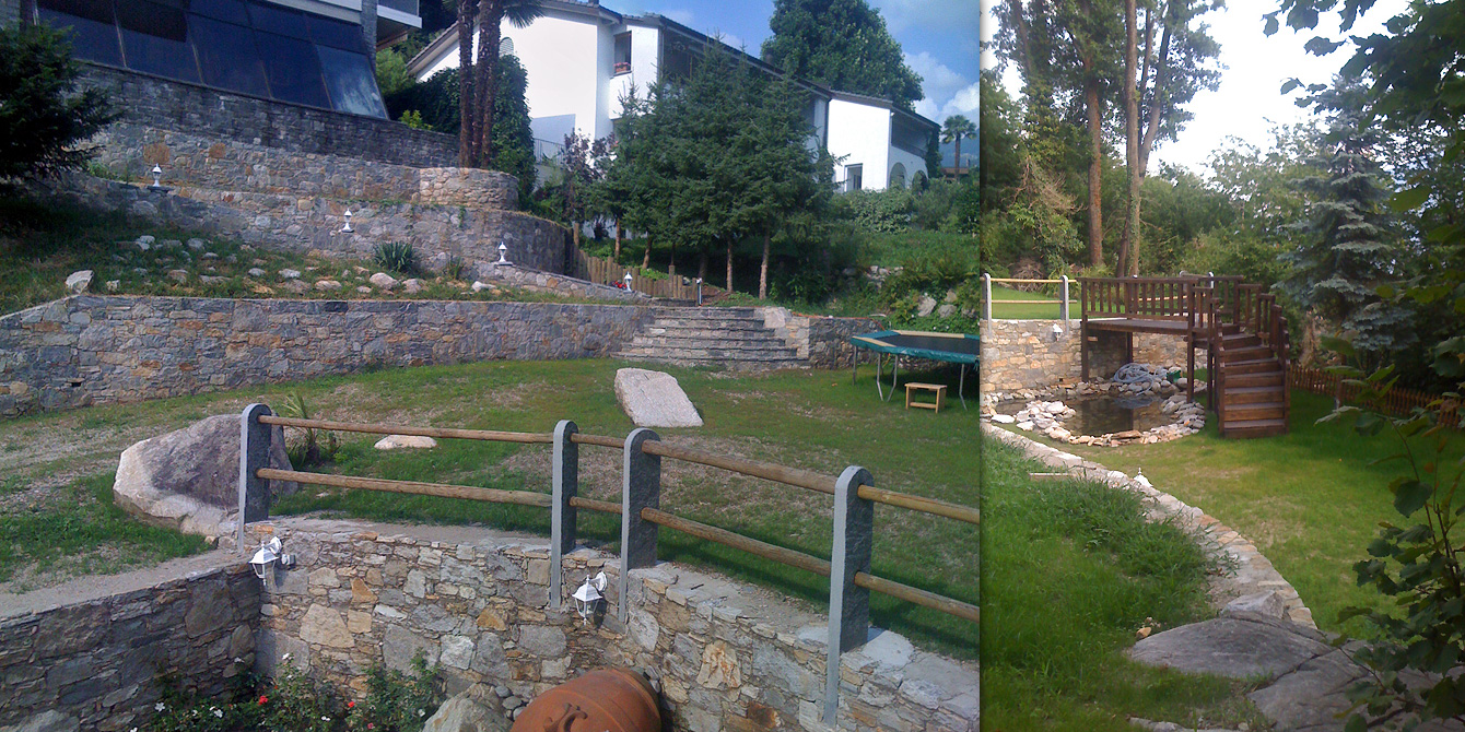 Terraces, lawn, stairs, wooden bridges